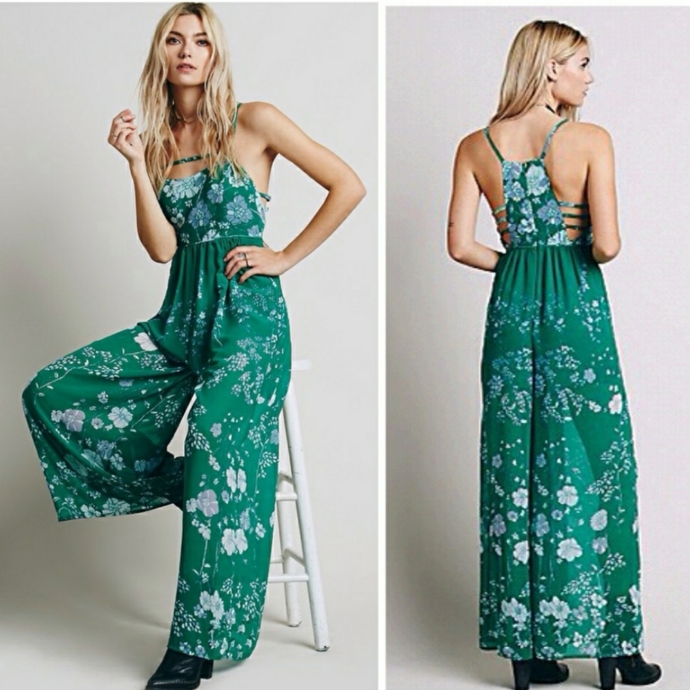 Free People emerald green floral wide leg jumpsuit size 4